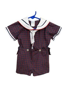 Vintage Bryan Baby Sailor Romper 12 Months Plaid Patriotic USA Navy Red White